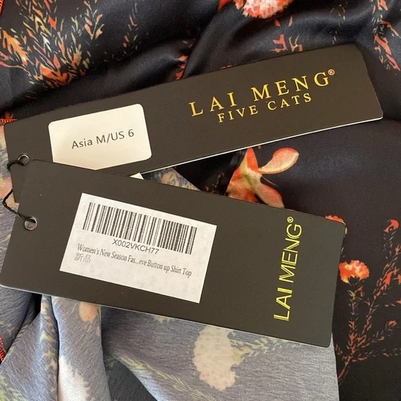 Lai Meng Five Cats Medium Size Women‎ Button down Top with a Tie  NWT - Picture 9 of 11